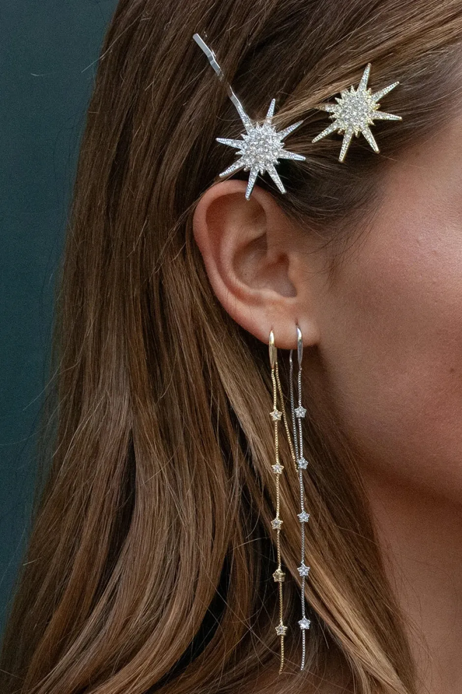 Fashion Pendiente Doble Cadena Estrellas (Unidad) Dobles Cadena